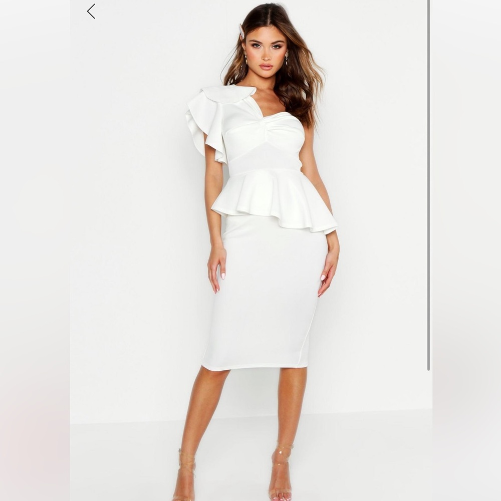 Boohoo Peplum One Shoulder Twist Front Midi Dress